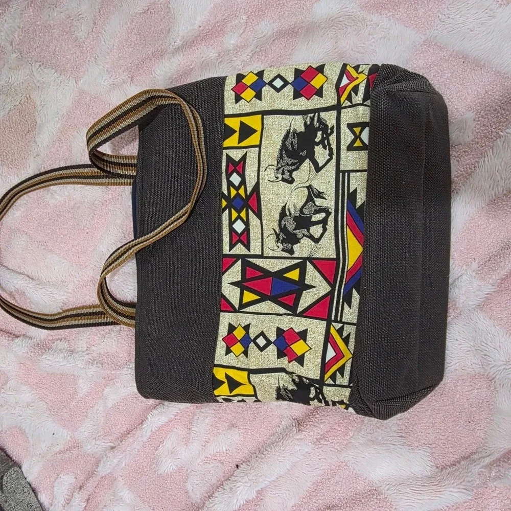 African Tribal Print Canvas Tote Bag Wildebeest Safari Geometric Shopper Grey